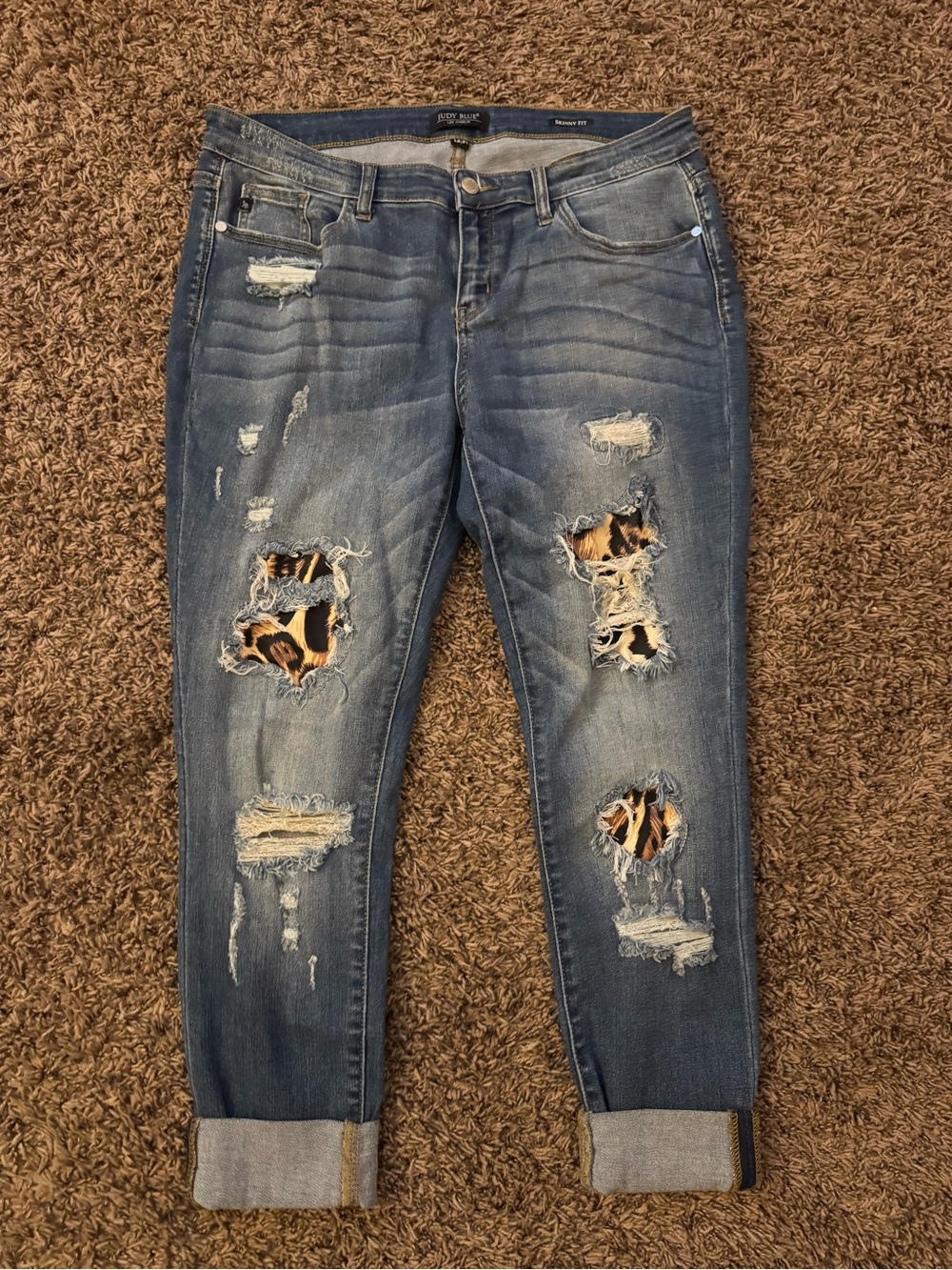 Judy Blue Distressed Mid-Blue Skinny Fit Jeans with Leopard Patch